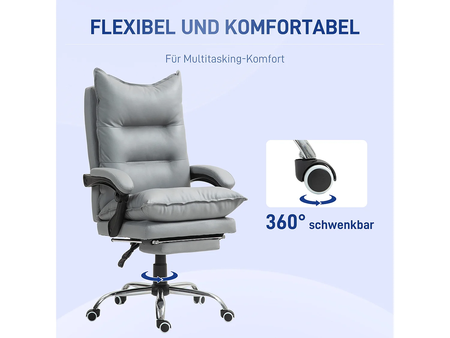 Silla de oficina giratoria ajustable de piel sintética con reposapiés ergonómico en gris claro