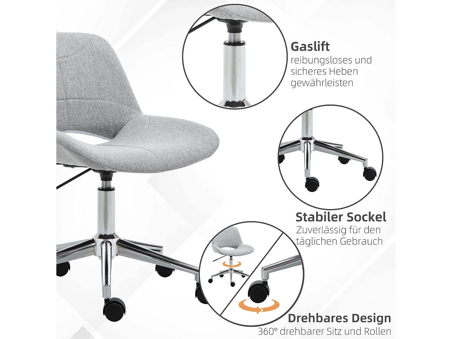 Chaise bureau sans accoudoirs tissu gris pivotante réglable pour home-office