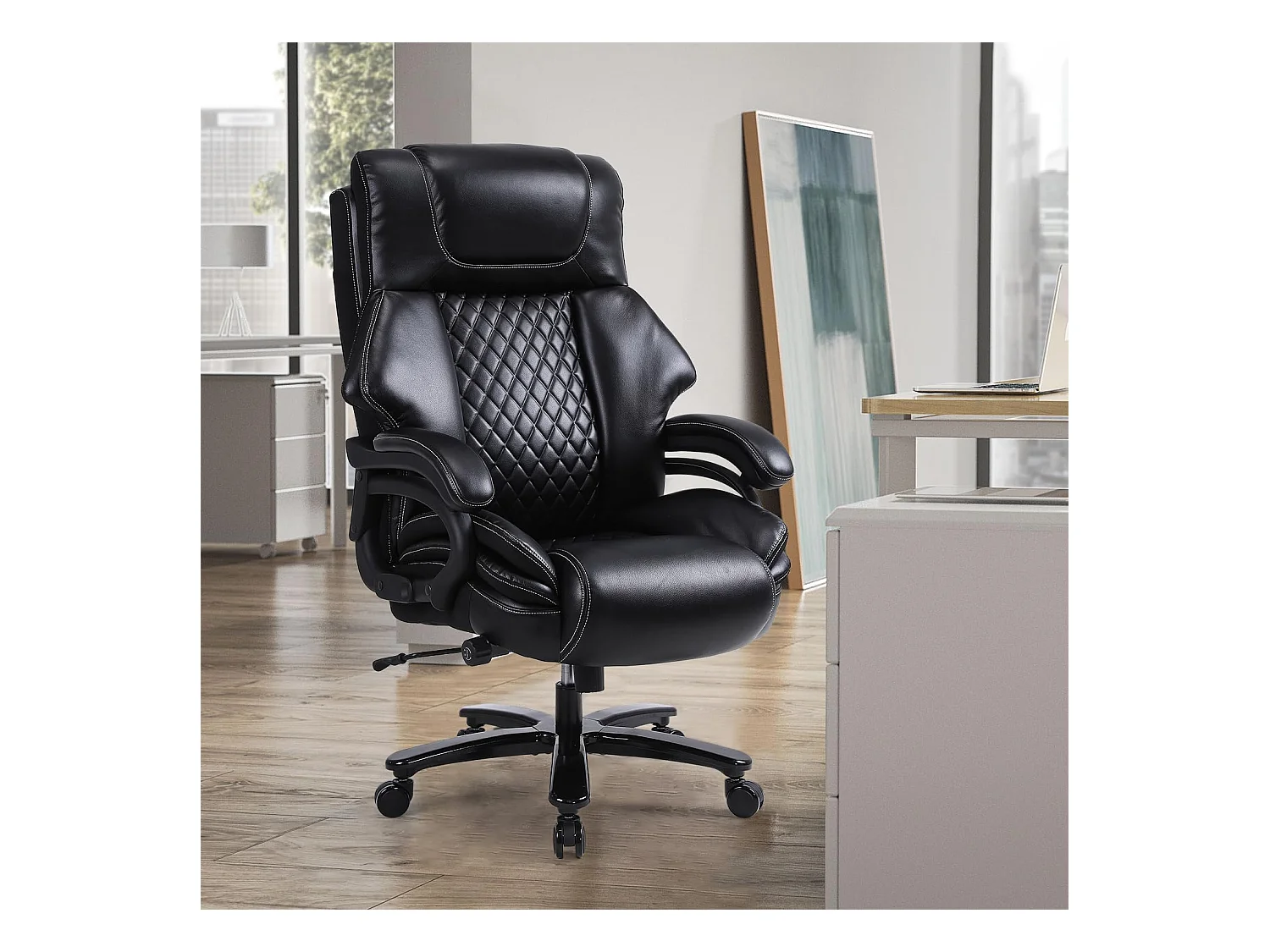 Cadeira de escritório ergonômica de couro 200 kg com apoio lombar ajustável e encosto alto na cor preta