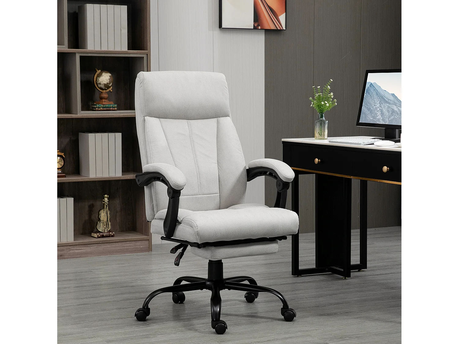 Silla de oficina ergonómica con masaje, reposapiés ajustable, microfibra gris claro
