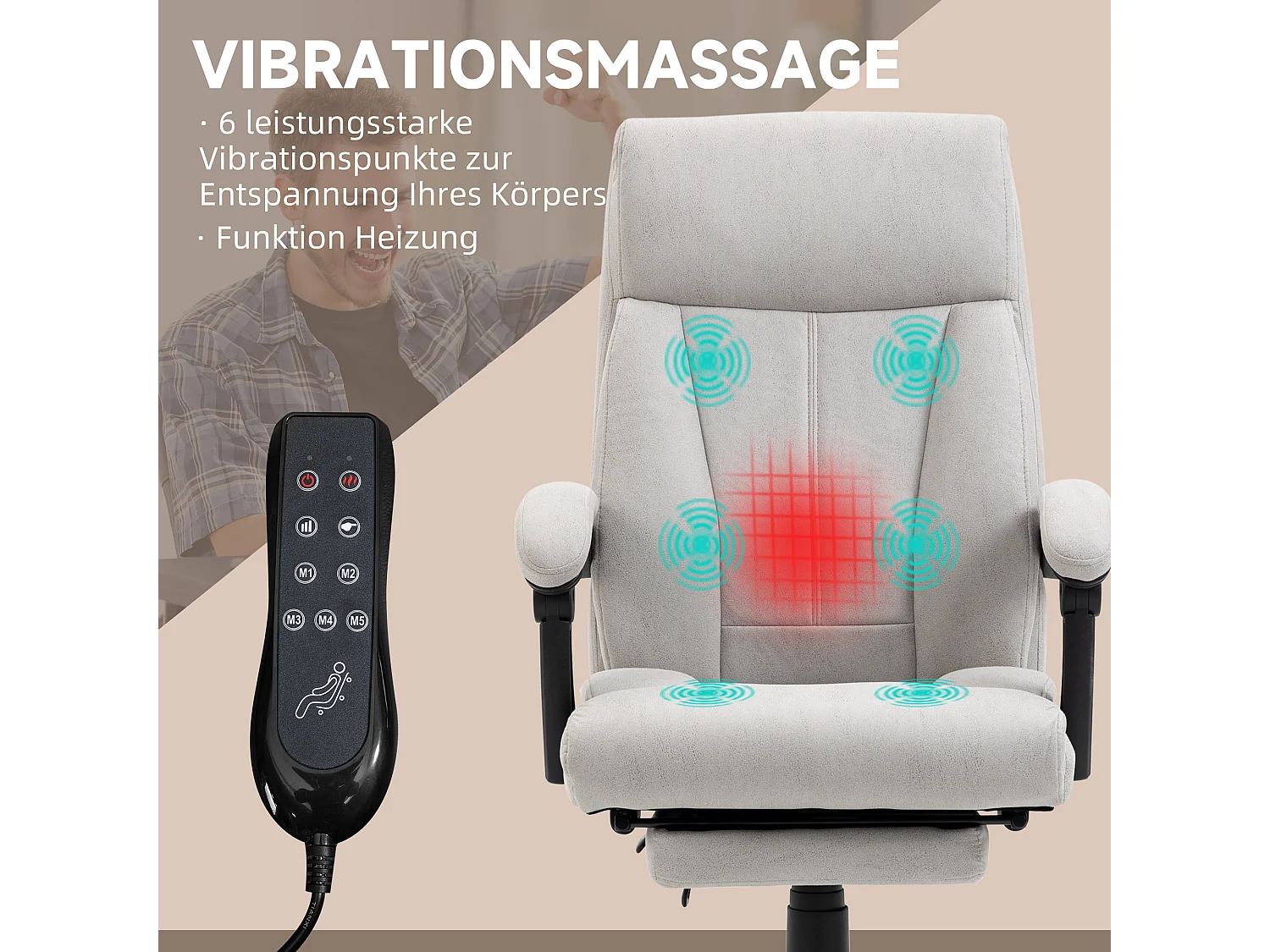 Silla de oficina ergonómica con masaje, reposapiés ajustable, microfibra gris claro