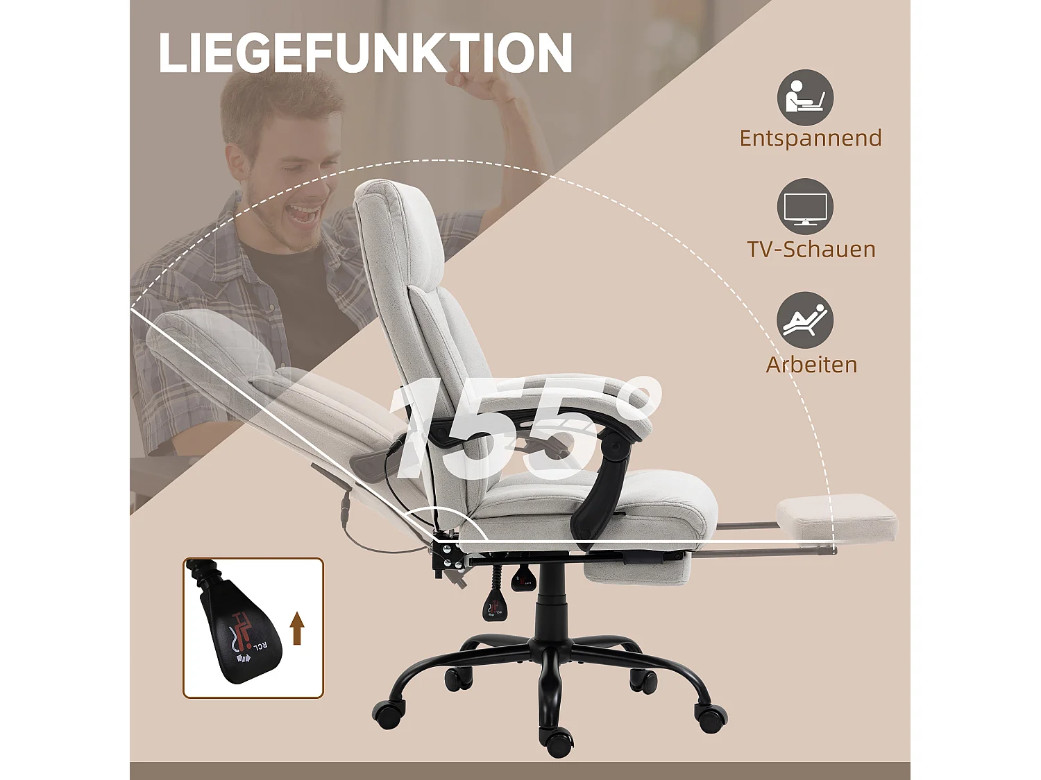 Silla de oficina ergonómica con masaje, reposapiés ajustable, microfibra gris claro