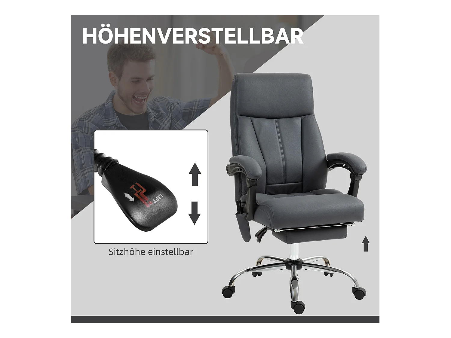 Silla de oficina ergonómica con masaje, reclinable, regulable en altura, microfibra, gris oscuro