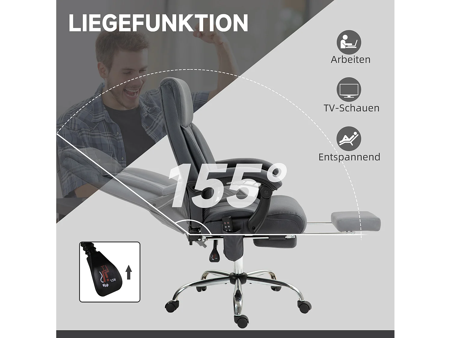 Silla de oficina ergonómica con masaje, reclinable, regulable en altura, microfibra, gris oscuro