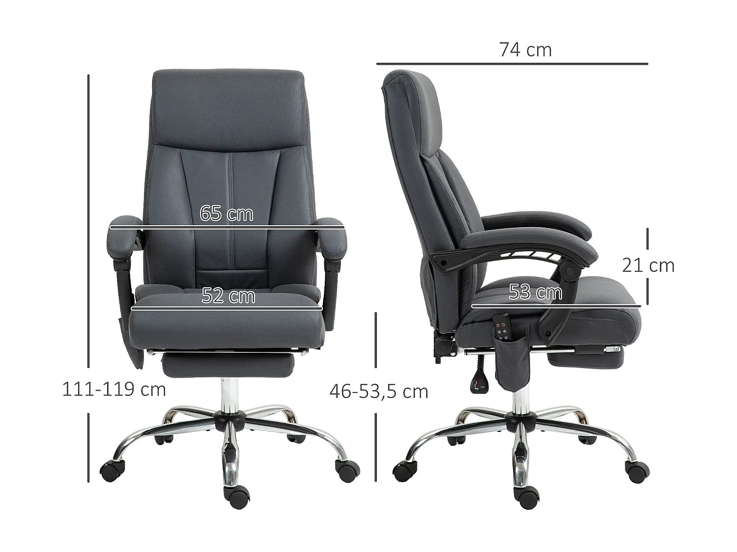 Fauteuil de bureau ergonomique avec massage, inclinable, réglable en hauteur, microfibre, gris foncé