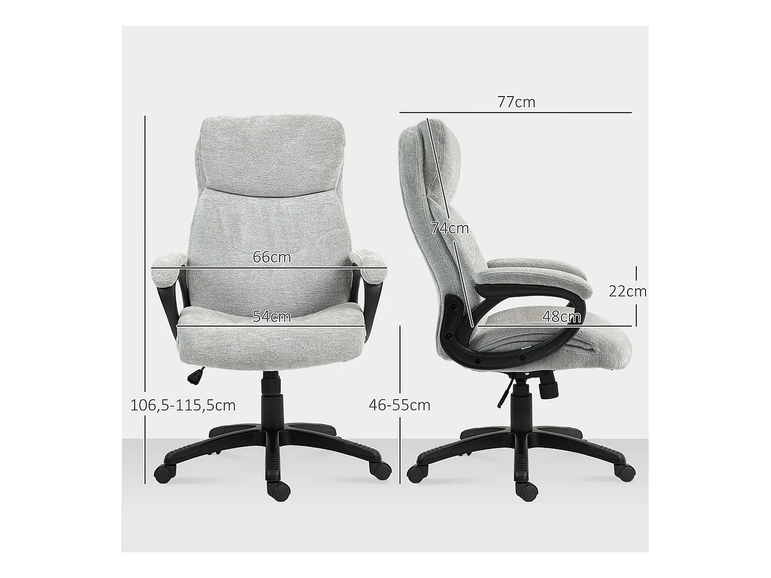 Cadeira de escritório giratória ergonômica acolchoada com balanço, ajustável, cinza claro