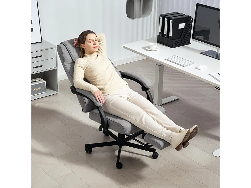 Cadeira de escritório ergonômica com massagem e inclinação, estofamento em linho, cinza, giratória 360°