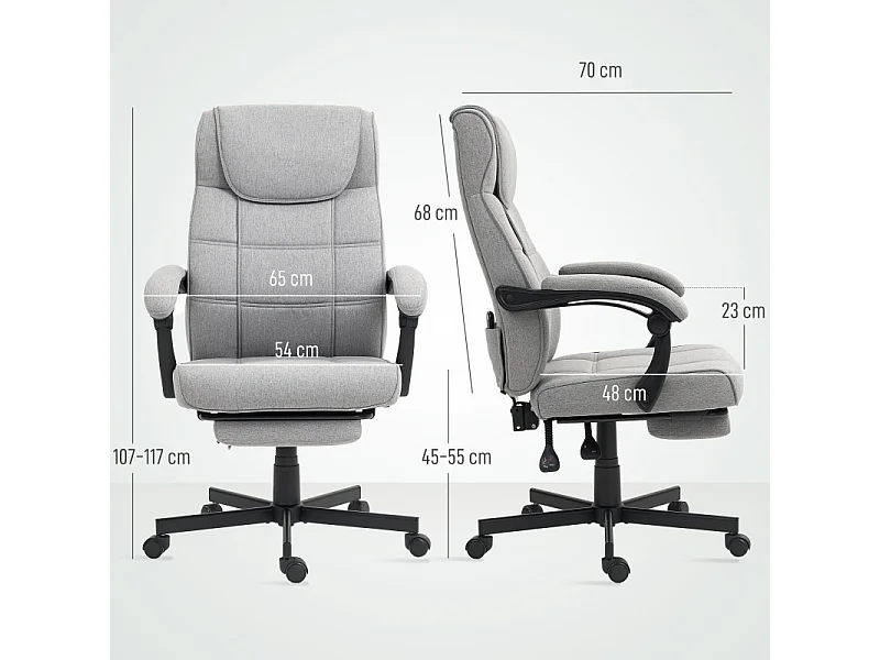Fauteuil de bureau ergonomique avec massage et inclinaison, revêtement lin, gris, 360° pivot