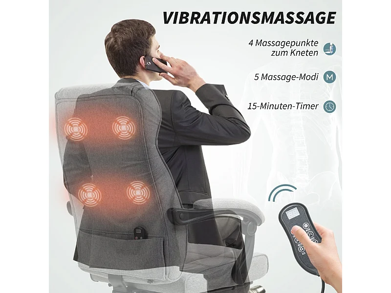 Fauteuil de bureau ergonomique avec massage et inclinaison, revêtement lin, gris, 360° pivot