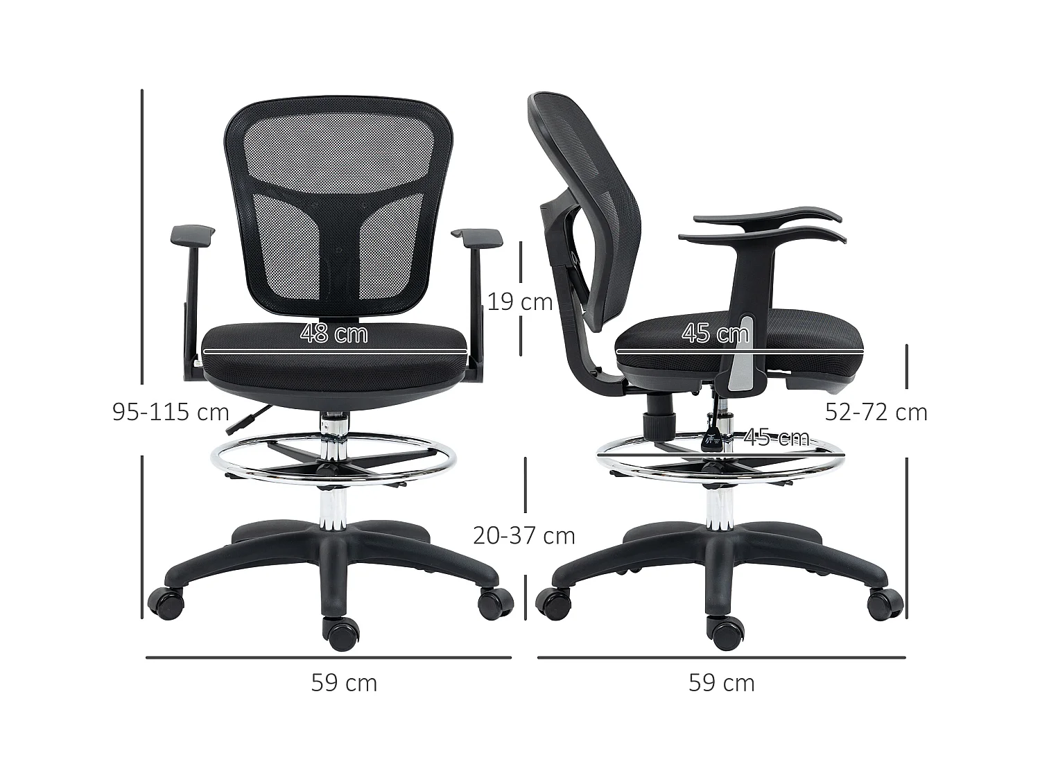 Chaise longue ergonomica in rete nera con comodini e poggiapiedi per scrivania e ufficio domestico