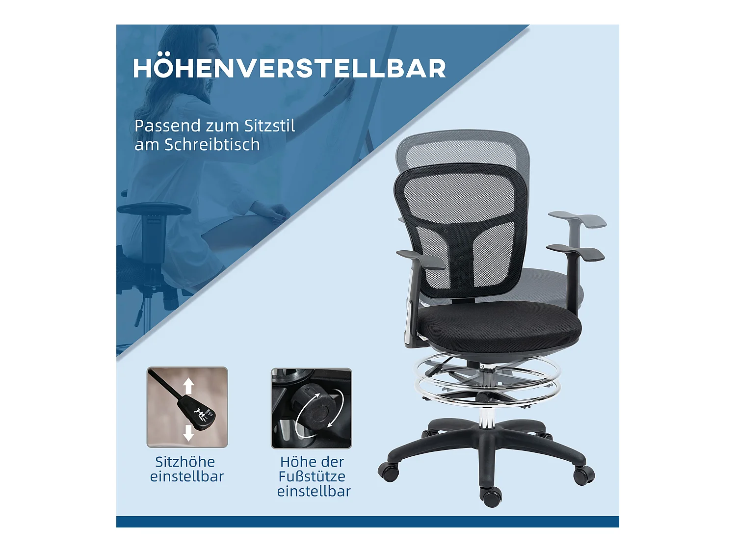 Chaise longue ergonomica in rete nera con comodini e poggiapiedi per scrivania e ufficio domestico