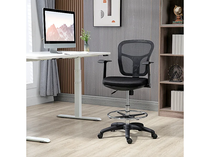 Silla de oficina ergonómica de malla negra con reposabrazos y reposapiés para oficina y oficina en casa.