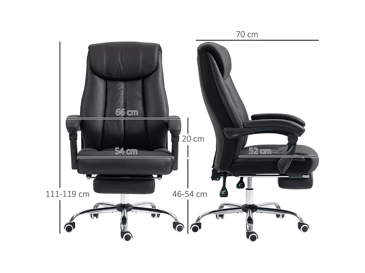 Chaise-office in microfibra nera con dossier inclinabile 145° girevole e poggiapiedi 120 kg