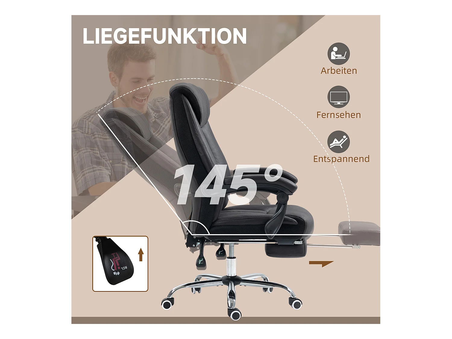 Chaise-office in microfibra nera con dossier inclinabile 145° girevole e poggiapiedi 120 kg