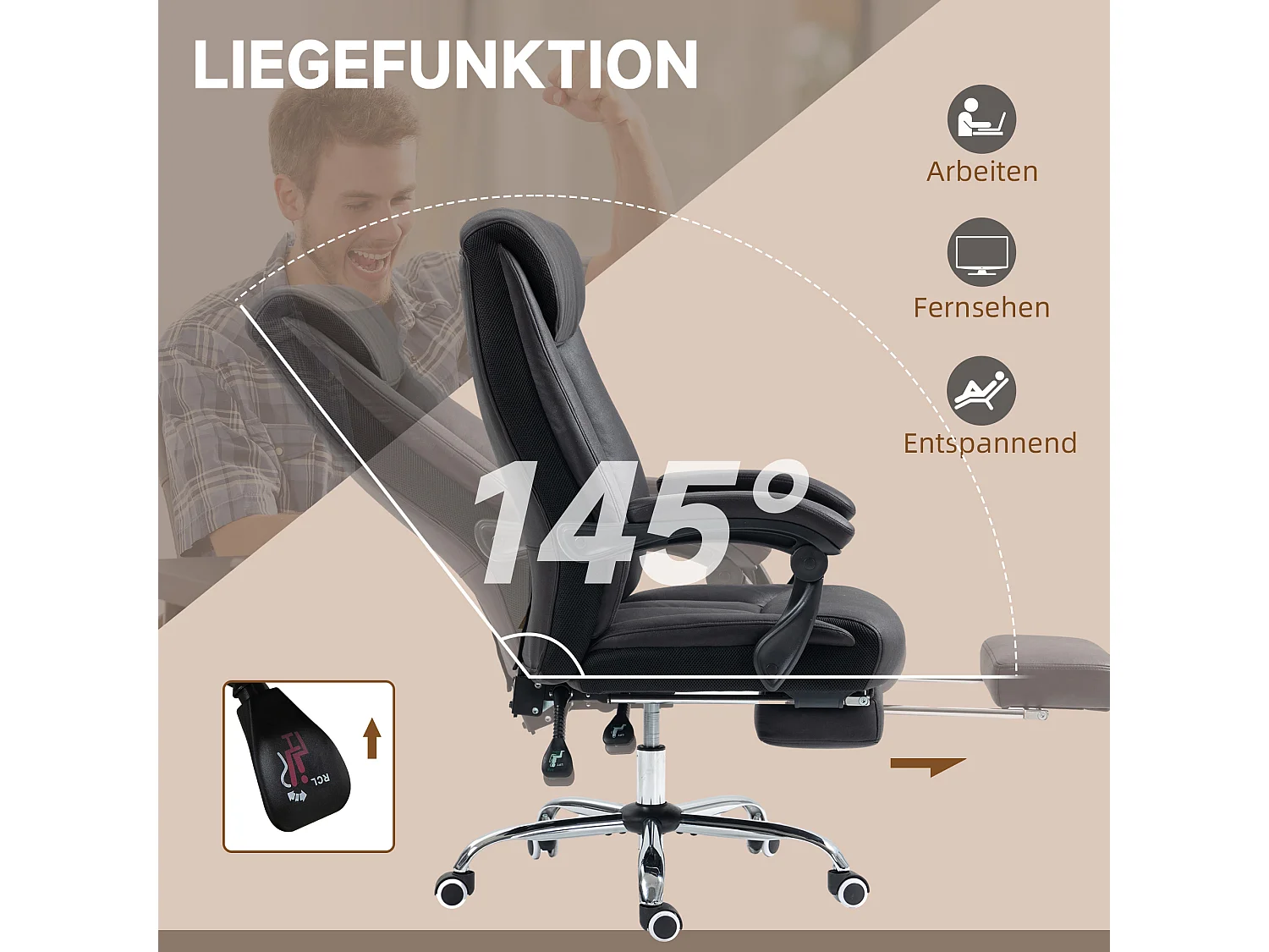 Silla de oficina de microfibra negra con respaldo giratorio e inclinable 145° y reposapiés 120 kg