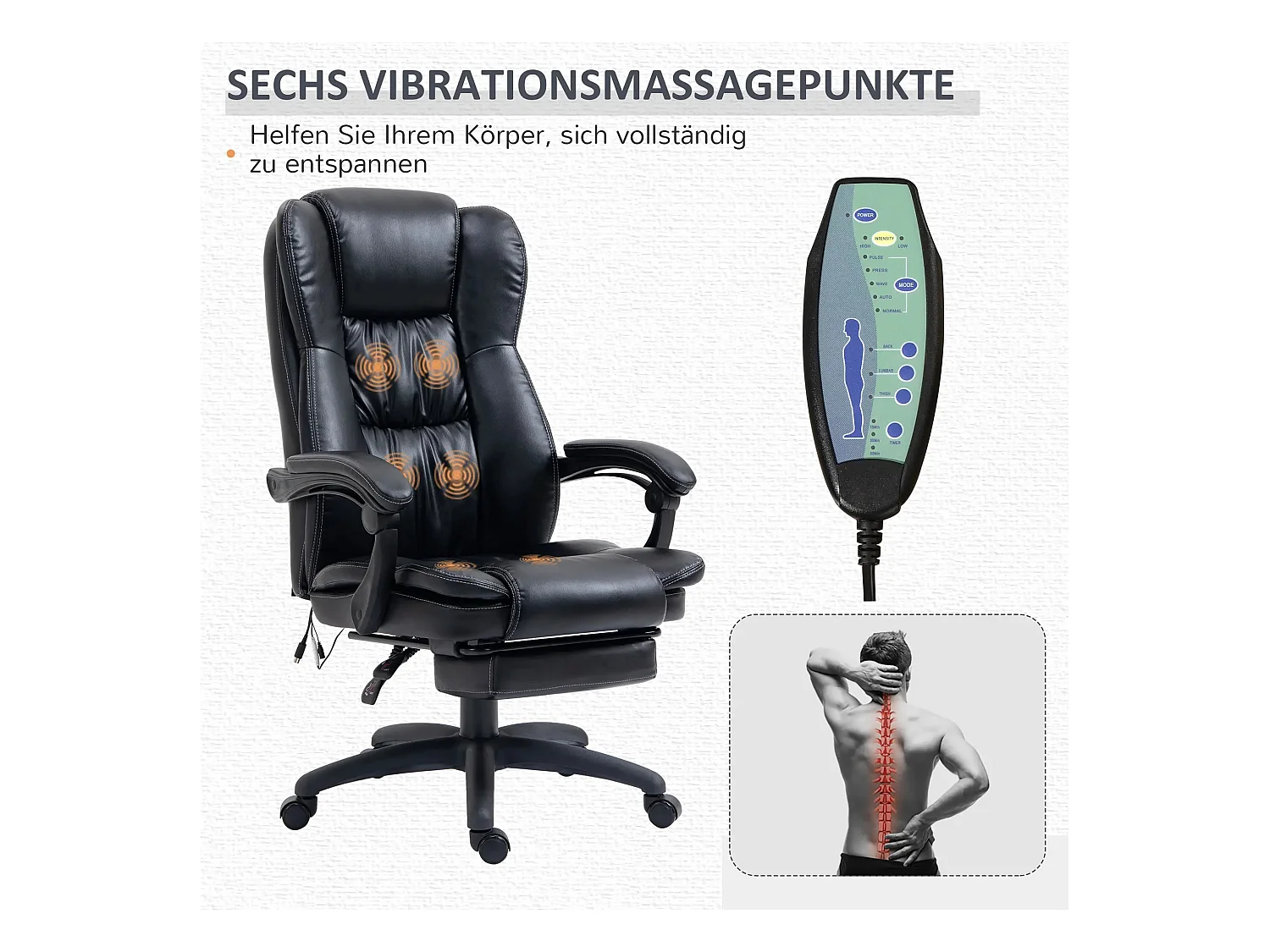 Sedia da ufficio ergonomica in pelle PU con massaggio, vibrazione, riposo, nero 68,5x68,5x119-127cm