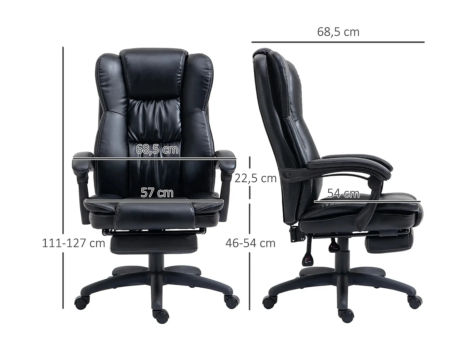 Chaise de bureau ergonomique en cuir PU avec massage, vibration, repose-pieds, noir 68,5x68,5x119-127cm