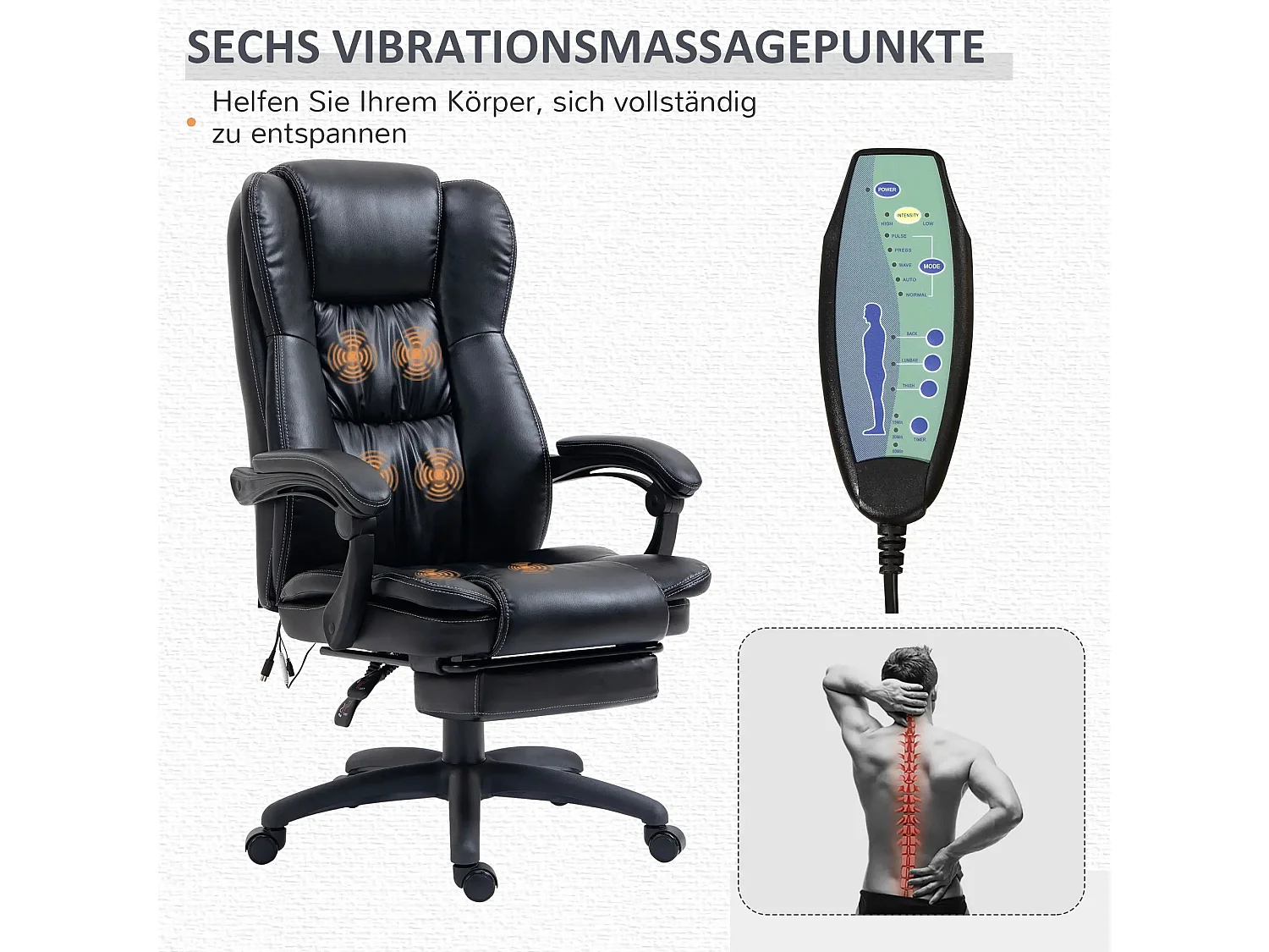 Chaise de bureau ergonomique en cuir PU avec massage, vibration, repose-pieds, noir 68,5x68,5x119-127cm