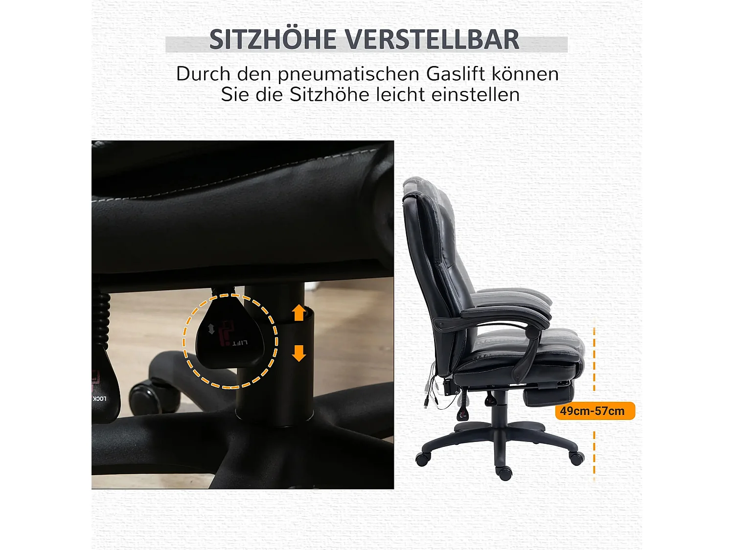 Chaise de bureau ergonomique en cuir PU avec massage, vibration, repose-pieds, noir 68,5x68,5x119-127cm