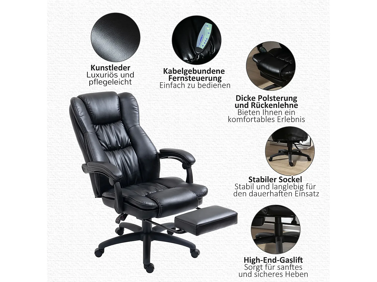 Chaise de bureau ergonomique en cuir PU avec massage, vibration, repose-pieds, noir 68,5x68,5x119-127cm