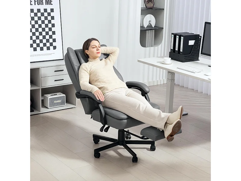 Chaise de bureau ergonomique simili cuir avec massage, inclinable et pivotante gris