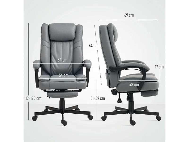 Chaise de bureau ergonomique simili cuir avec massage, inclinable et pivotante gris