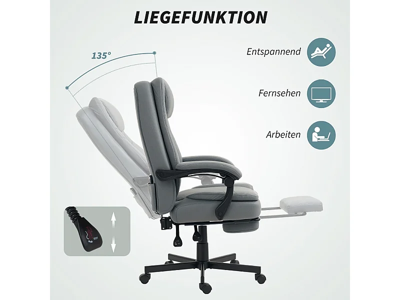 Chaise de bureau ergonomique simili cuir avec massage, inclinable et pivotante gris