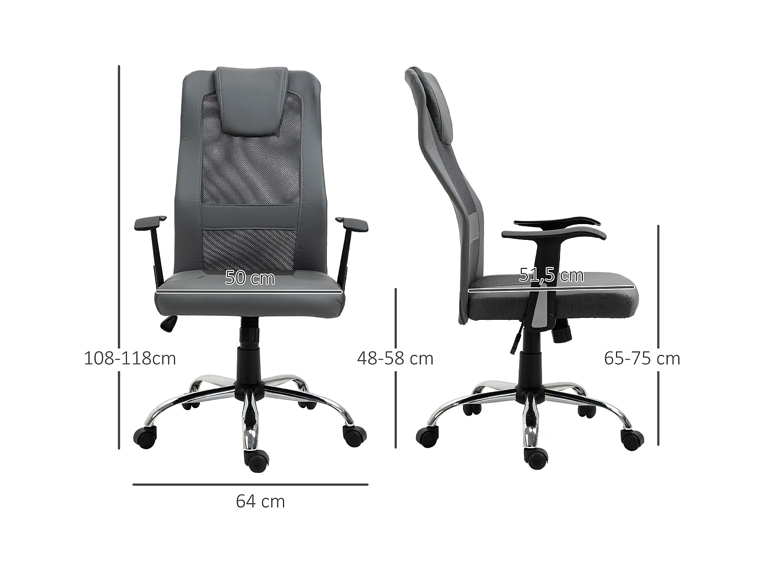 Chaise-office ergonomica in PU grigio poltrona regolabile con cassettiera inclinabile a 360° 66x73x108-118cm