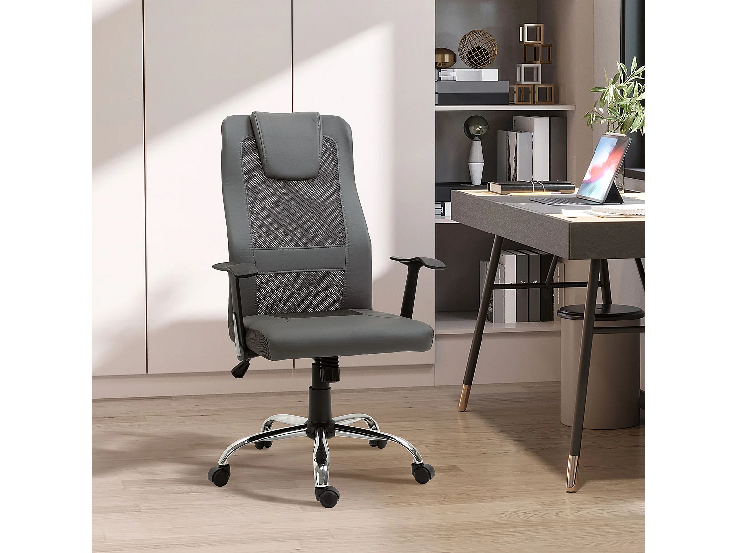 Chaise bureau ergonomique PU gris fauteuil réglable dossier inclinable 360° 66x73x108-118cm