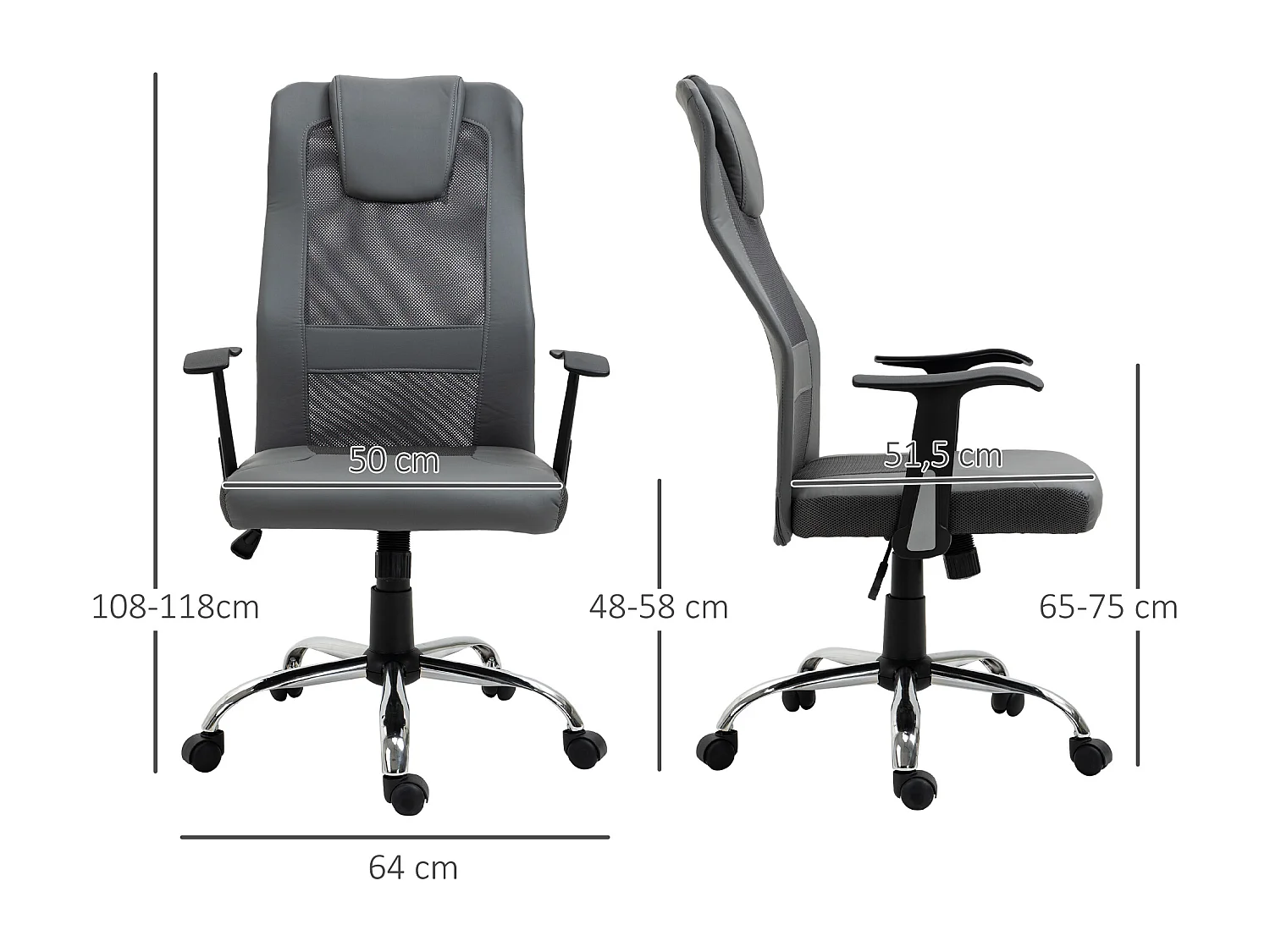 Chaise bureau ergonomique PU gris fauteuil réglable dossier inclinable 360° 66x73x108-118cm