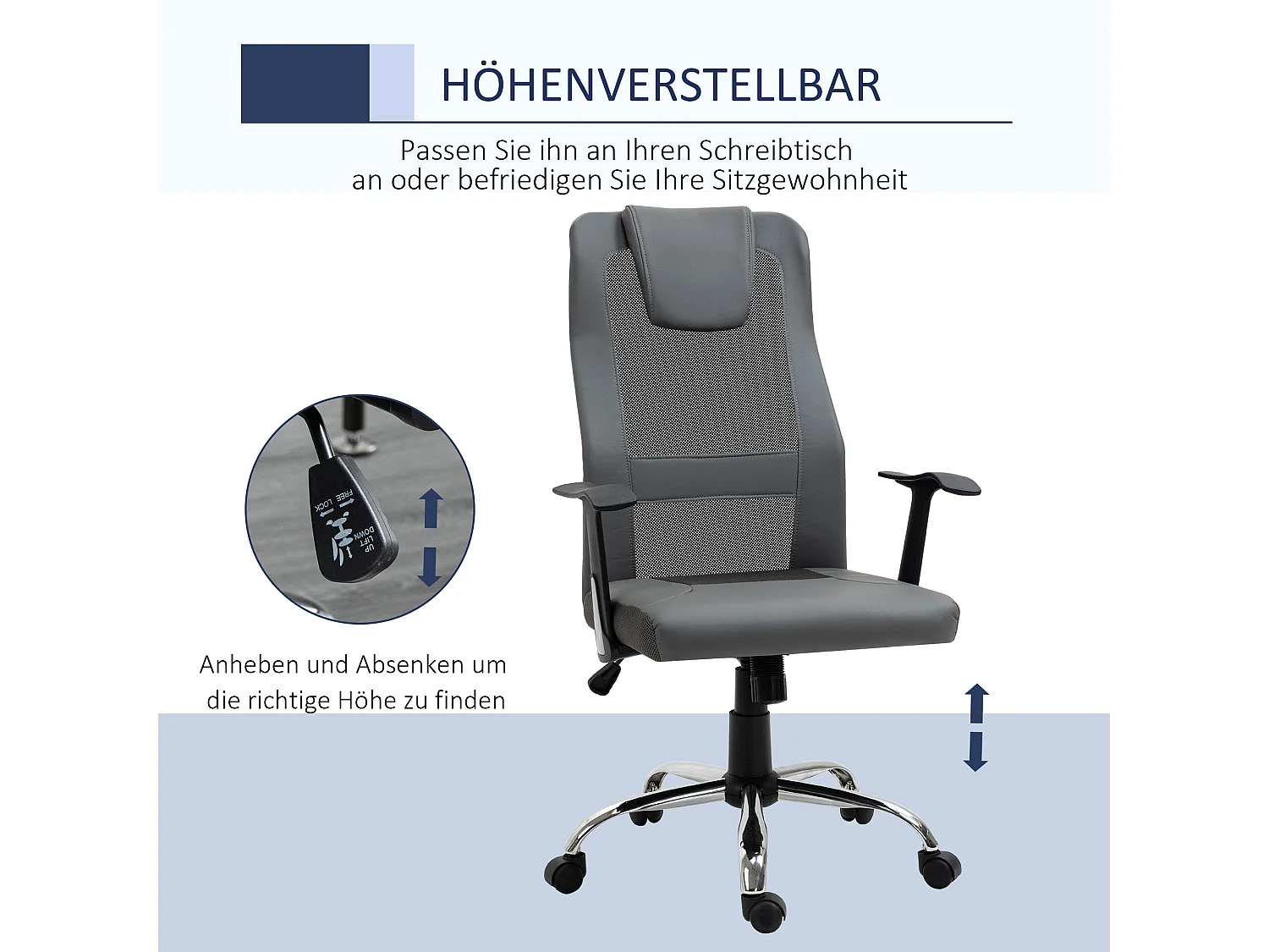 Chaise bureau ergonomique PU gris fauteuil réglable dossier inclinable 360° 66x73x108-118cm