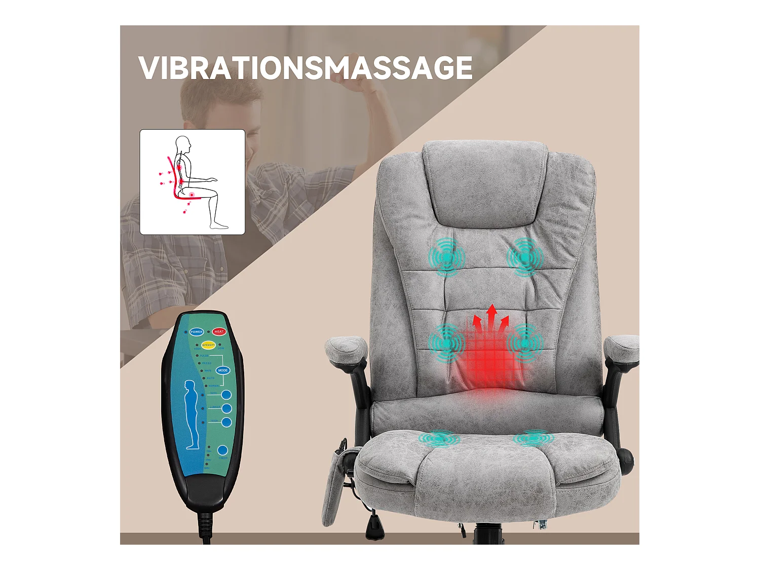 Cadeira ergonômica de escritório com massagem e aquecimento, giratória ajustável, cinza 68x72x110-120cm