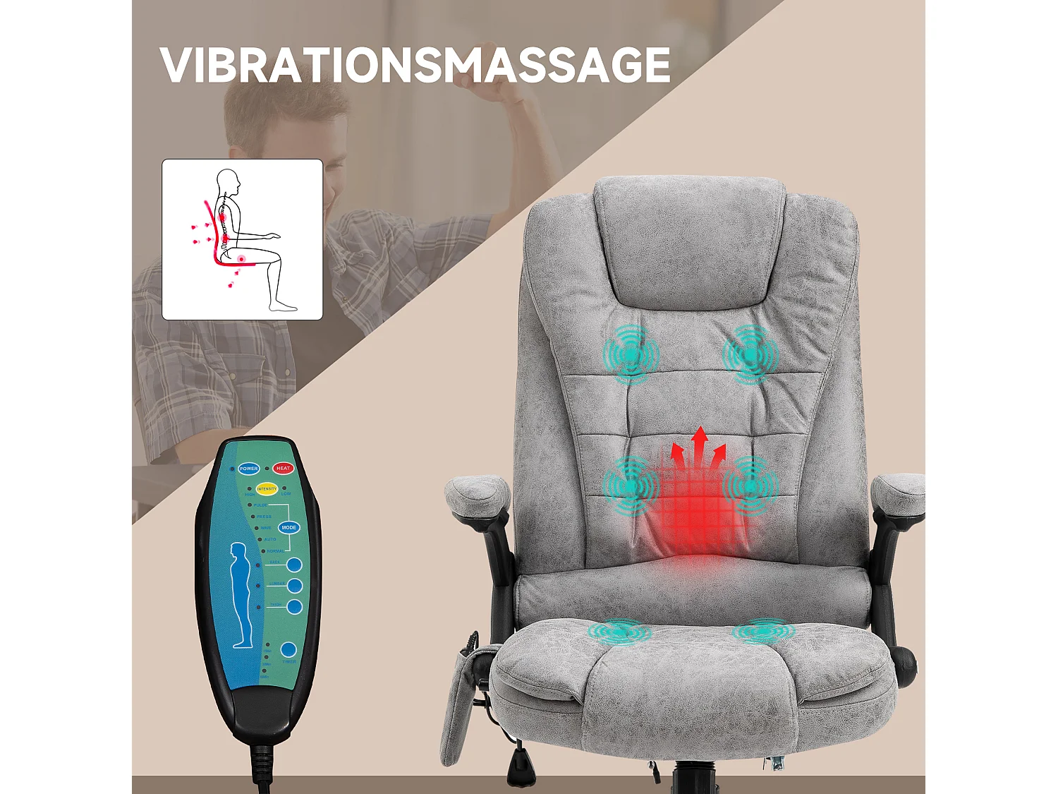 Chaise de bureau ergonomique massage et chauffage fauteuil pivotant réglable gris 68x72x110-120cm