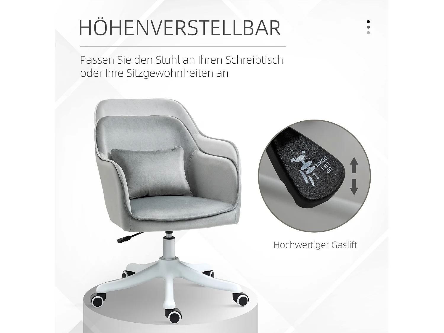 Chaise bureau pivotante velours avec massage, accoudoirs et coussin lombaire, réglable, gris