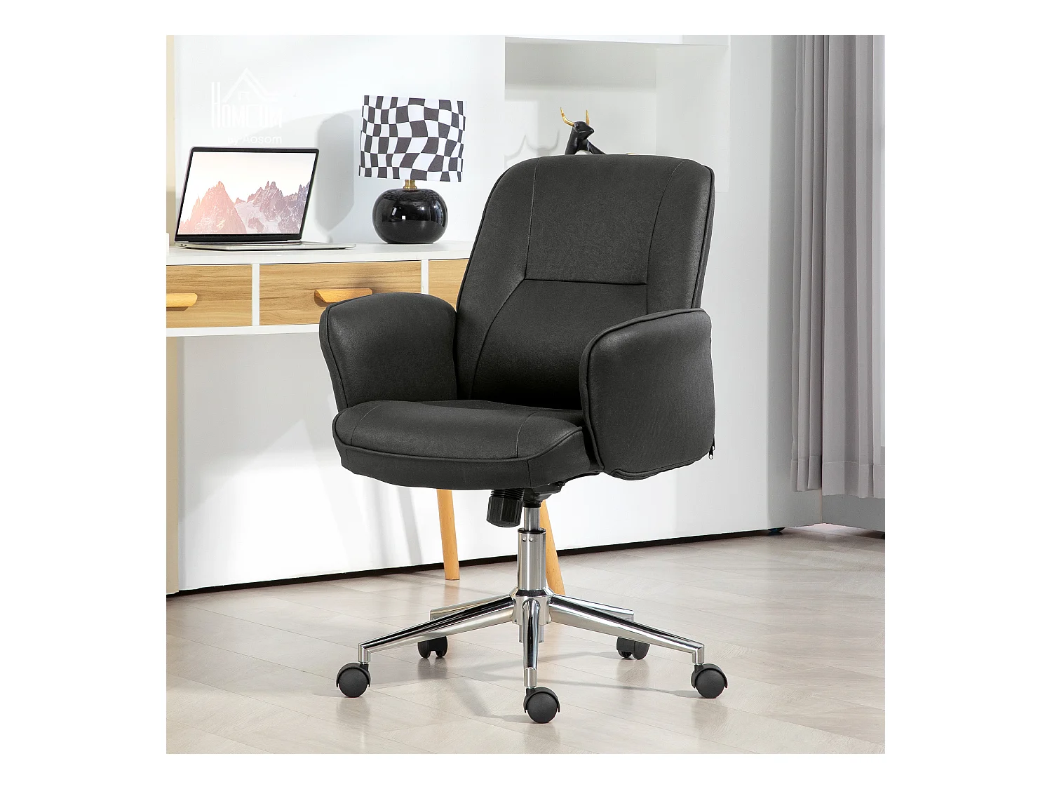 Chaise-office ergonomica in microfibra nera con dossier inclinabile e seduta pivotante 120 kg