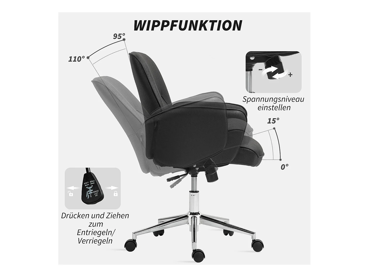 Chaise-office ergonomica in microfibra nera con dossier inclinabile e seduta pivotante 120 kg