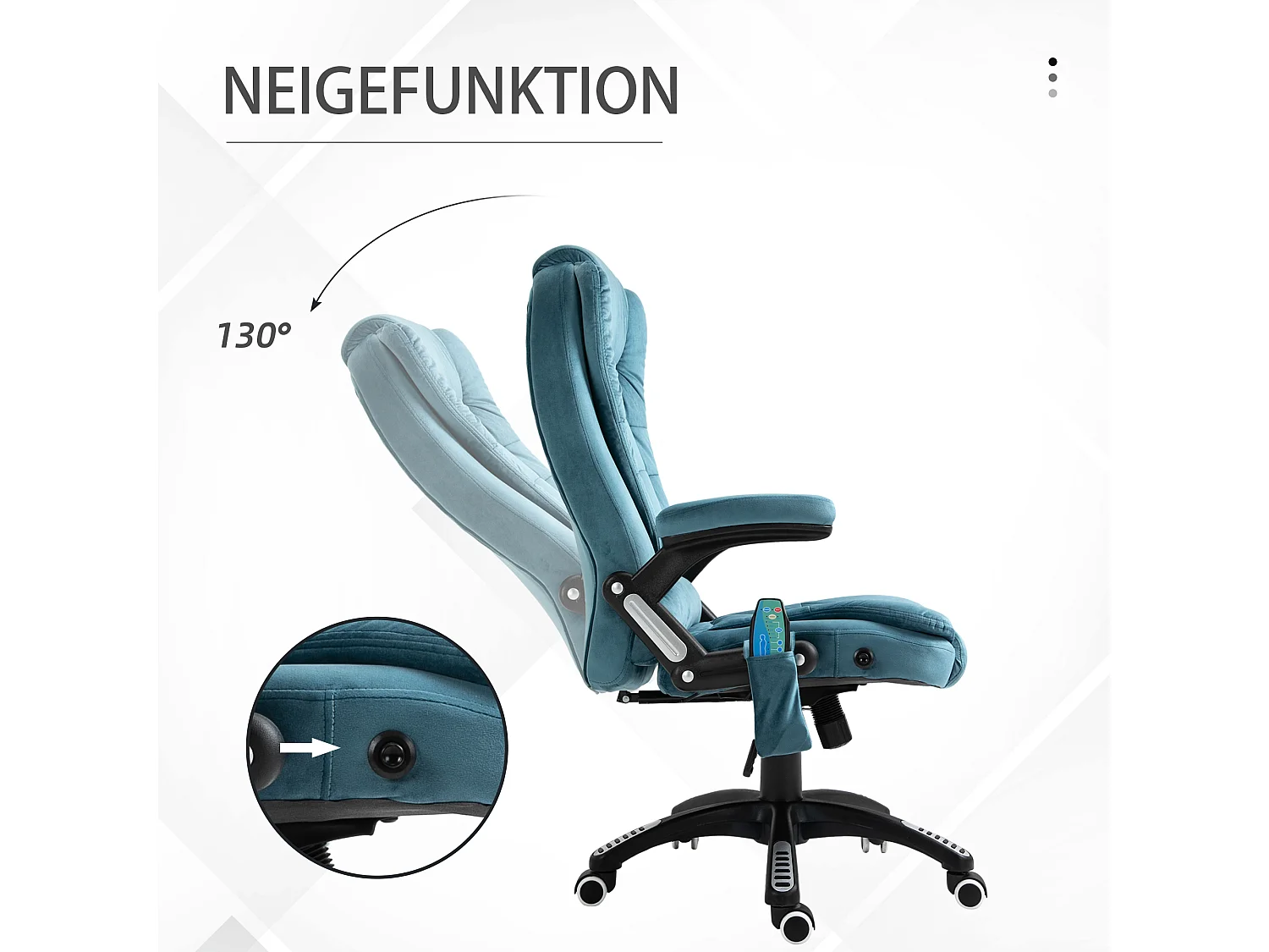 Fauteuil de bureau simili cuir avec massage et chauffage, ergonomique, réglable, bleu, 120 kg