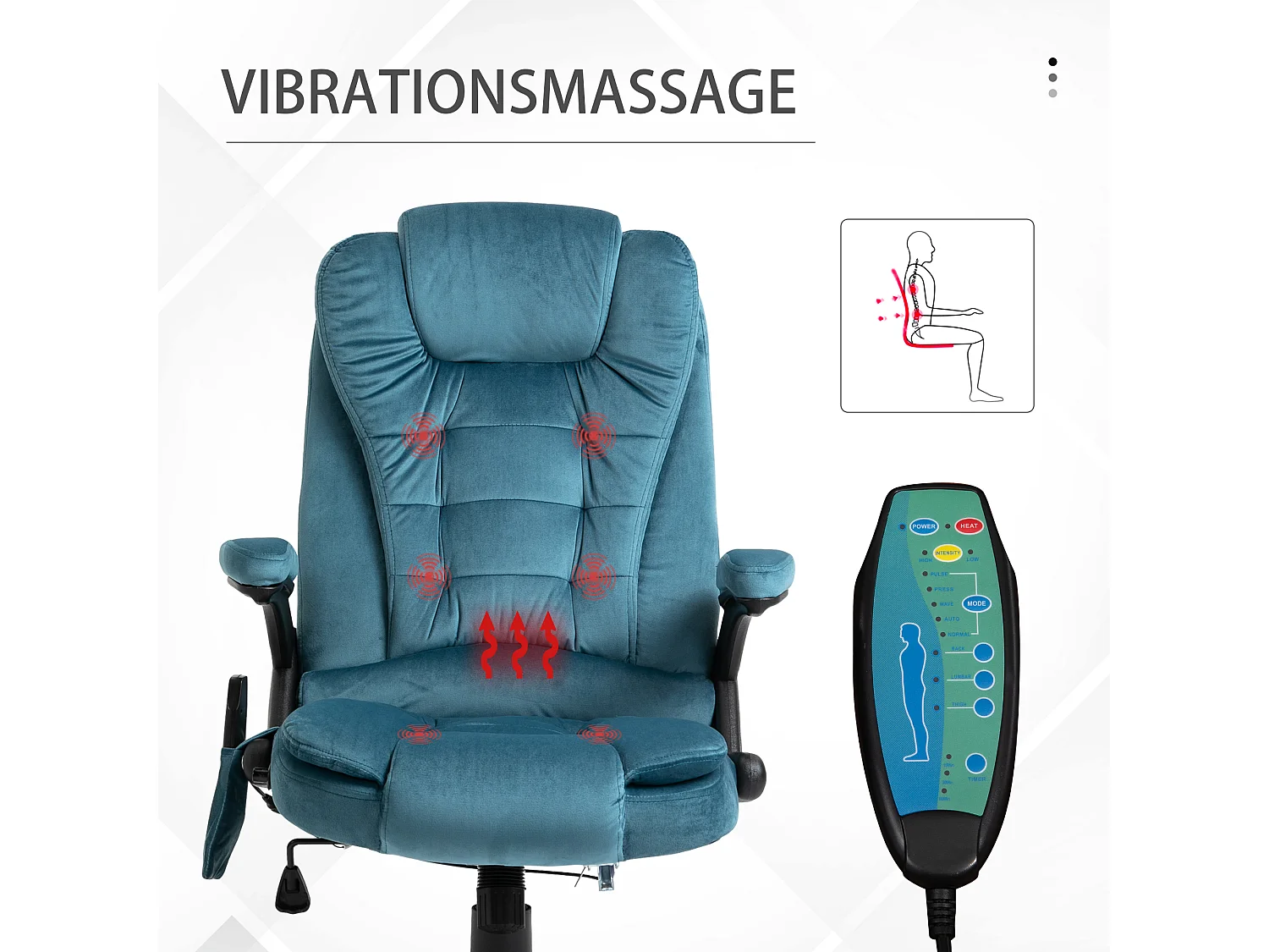 Fauteuil de bureau simili cuir avec massage et chauffage, ergonomique, réglable, bleu, 120 kg