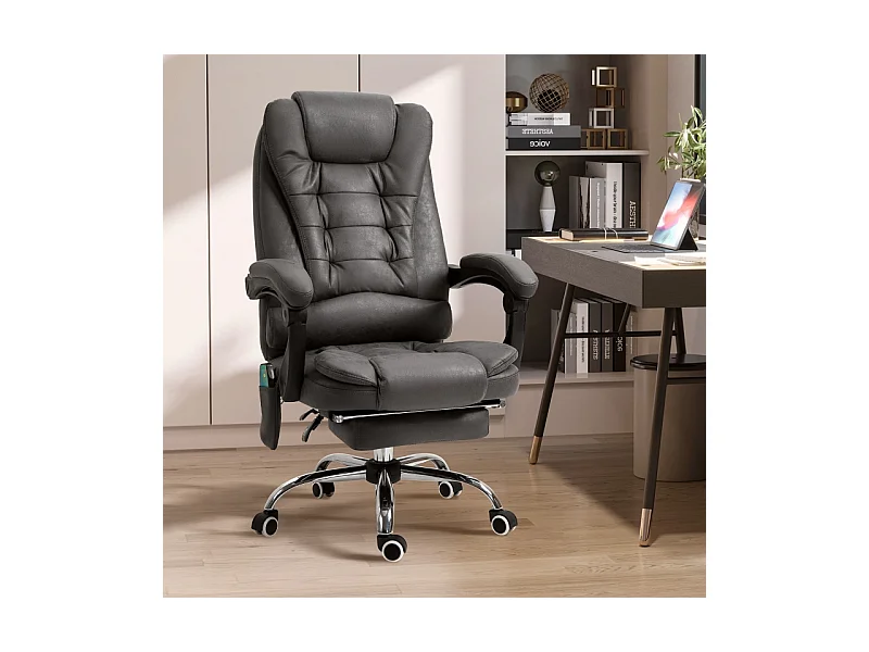Silla de oficina ergonómica con masaje y calefacción, respaldo reclinable 135°, reposapiés gris