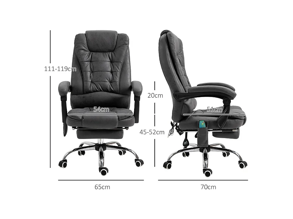 Silla de oficina ergonómica con masaje y calefacción, respaldo reclinable 135°, reposapiés gris