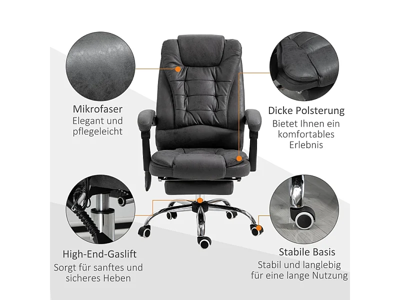 Chaise de Bureau ergonomica con massaggio e chauffage, dossier inclinabile 135°, repose-pieds gris
