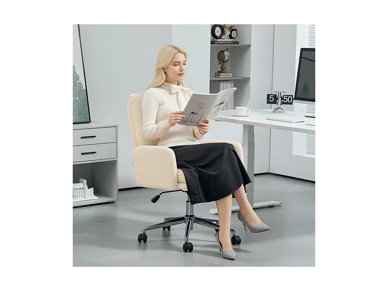 Silla de oficina ergonómica con reposabrazos, acolchado de lana, giratoria, ajustable color crema