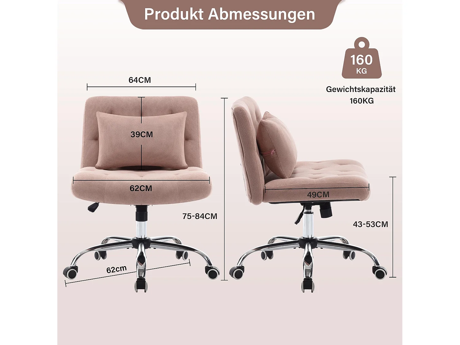 Fauteuil bureau sans accoudoirs tissu lin ergonomique pivotant 160 kg pour chambre