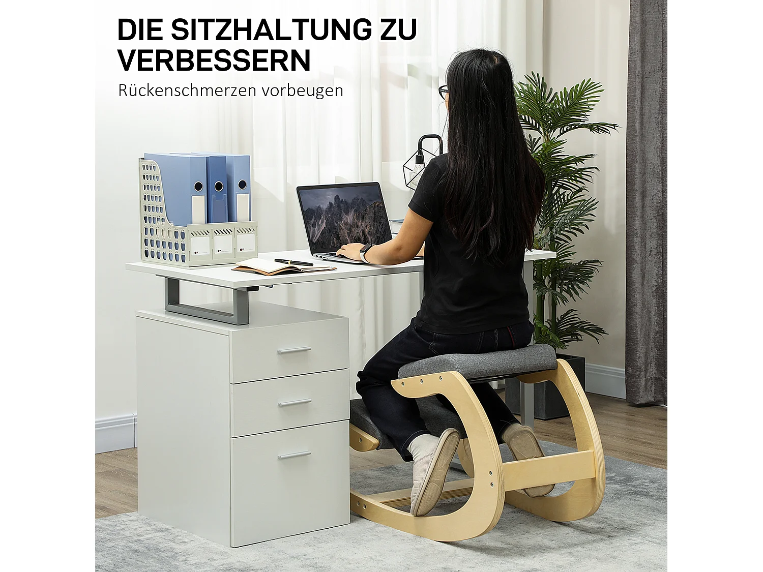 Kniestuhl ergonomico in legno con bilanciamento per scrivania Homeoffice grigio 54,5x85x54cm