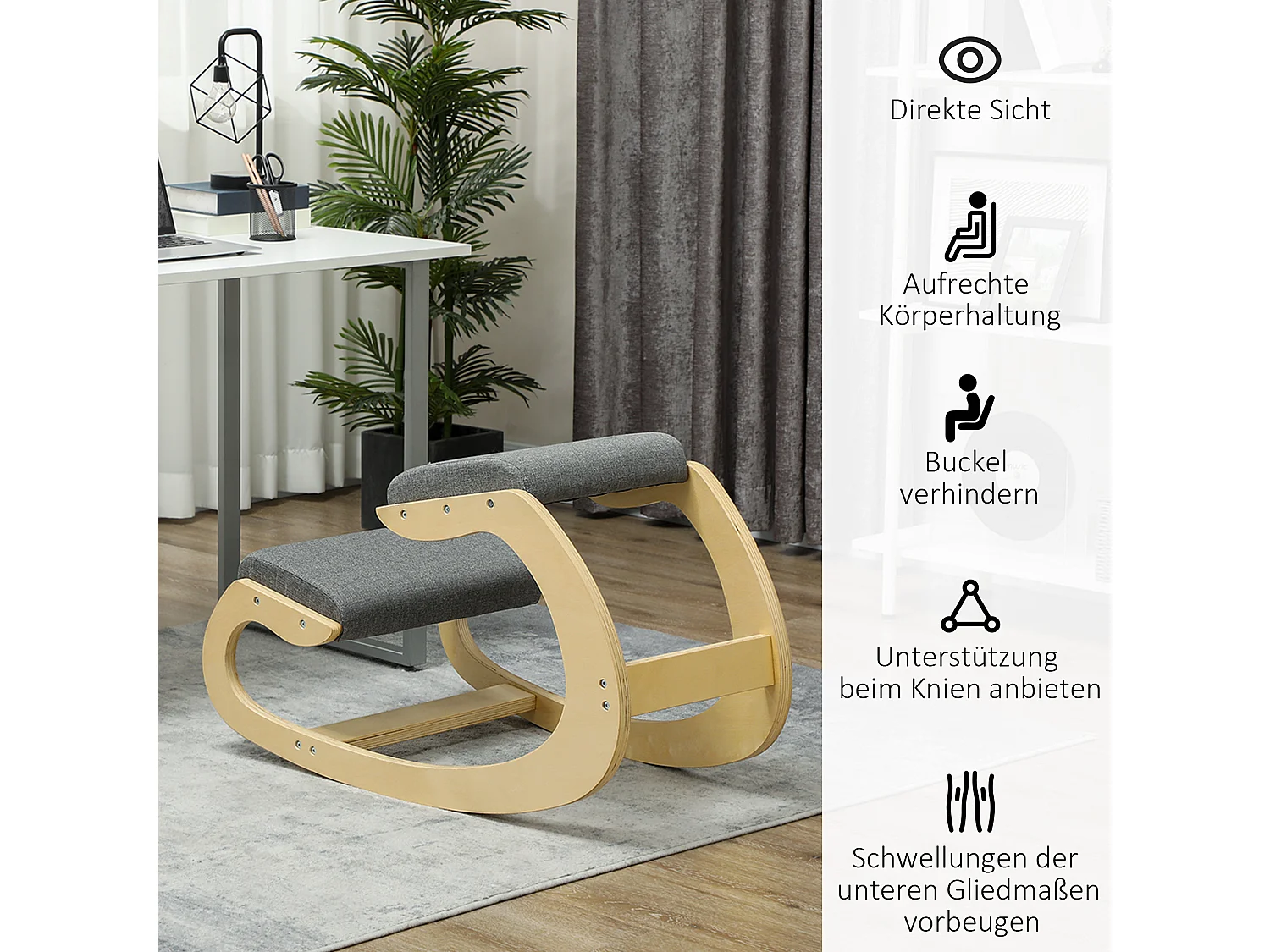 Kniestuhl ergonomico in legno con bilanciamento per scrivania Homeoffice grigio 54,5x85x54cm