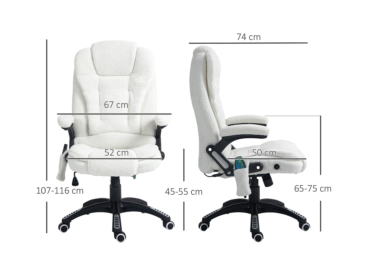 Sillón de masaje Teddysamt ajustable con reposapiés calefactable y función relax, color blanco, 67 x 74 x 107-116 cm