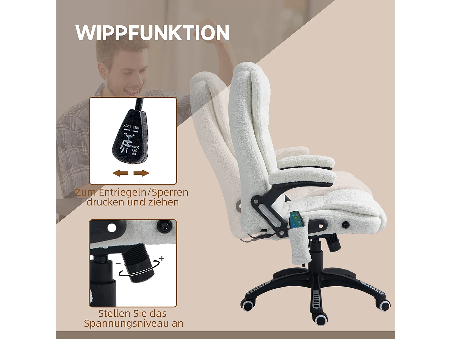 Chaise de Bureau massante Teddysamt regolabile con chauffage repose-pieds funzione relax bianco 67x74x107-116cm