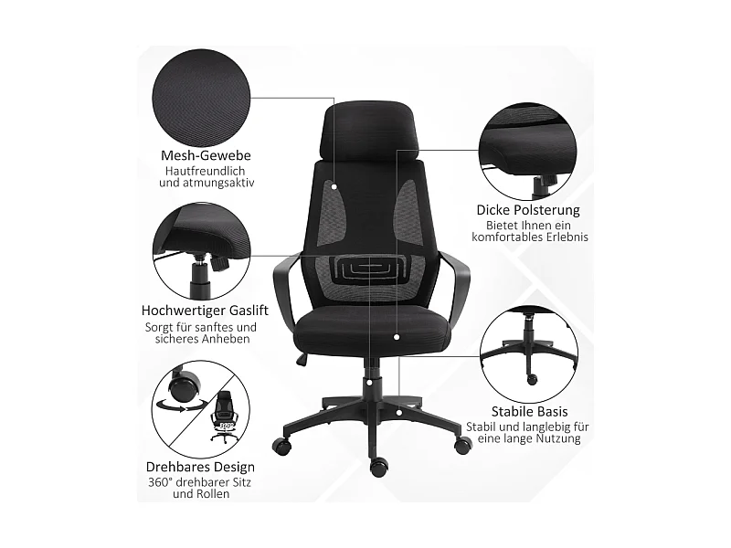 Silla de oficina ergonómica con respaldo, reposacabezas y reposabrazos de malla, Negra 120 kg