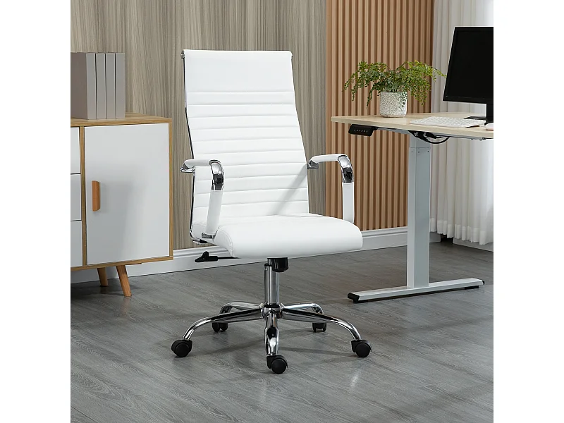 Silla de oficina ergonómica de piel sintética giratoria 360° con respaldo reclinable blanca 54x62x104-114cm