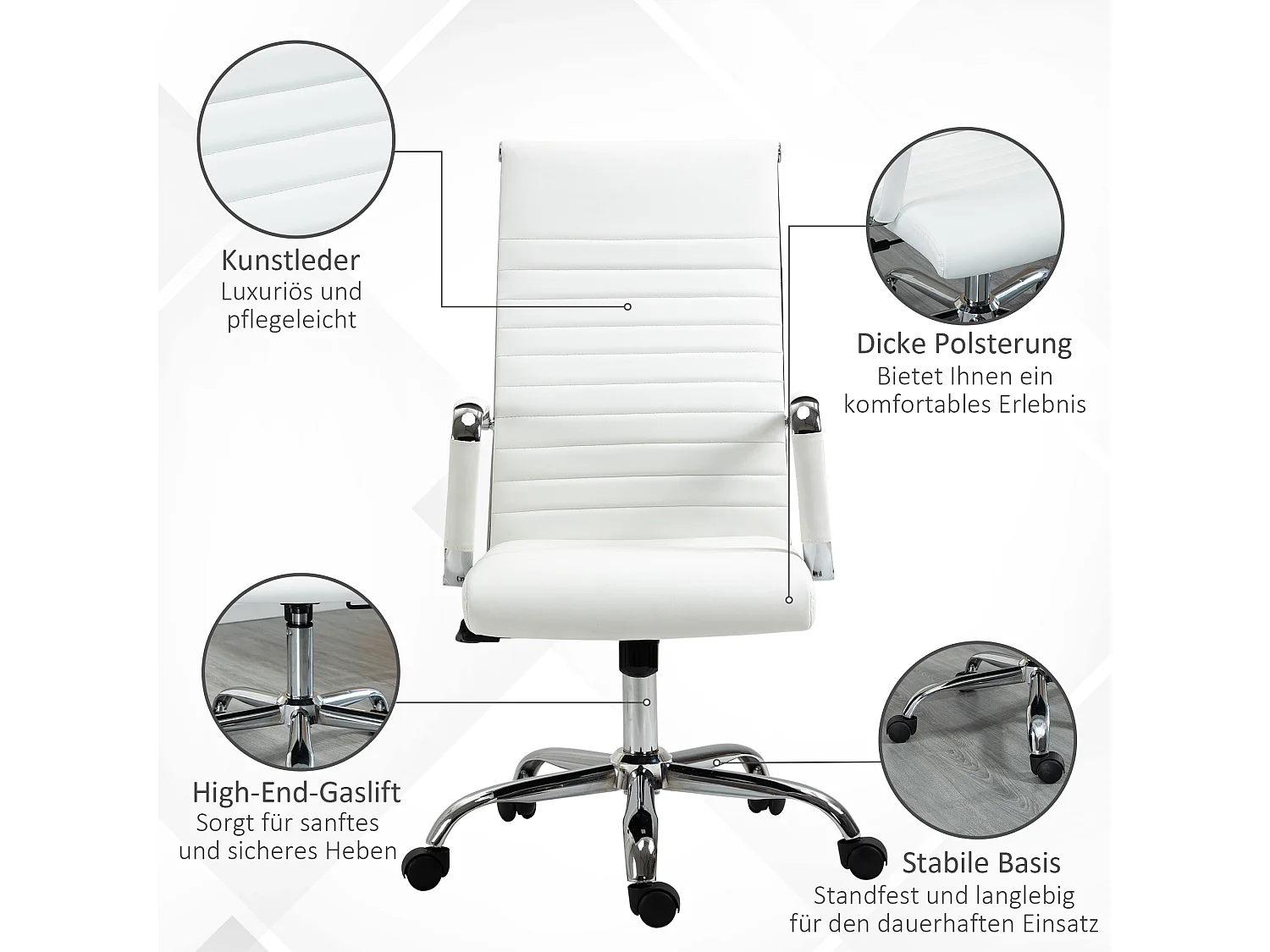 Silla de oficina ergonómica de piel sintética giratoria 360° con respaldo reclinable blanca 54x62x104-114cm